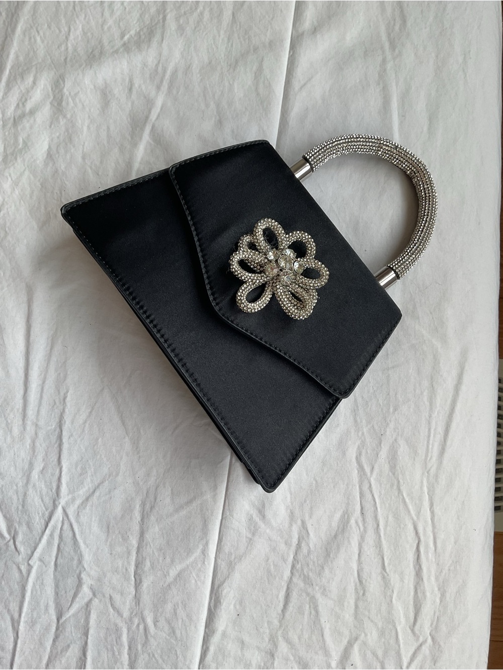 Call It Spring Black Satin Mini Top-Handle Bag with Crystal Flower